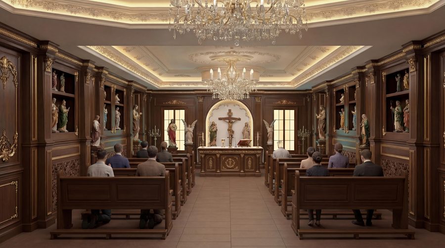 Chapel nave with pews and altar