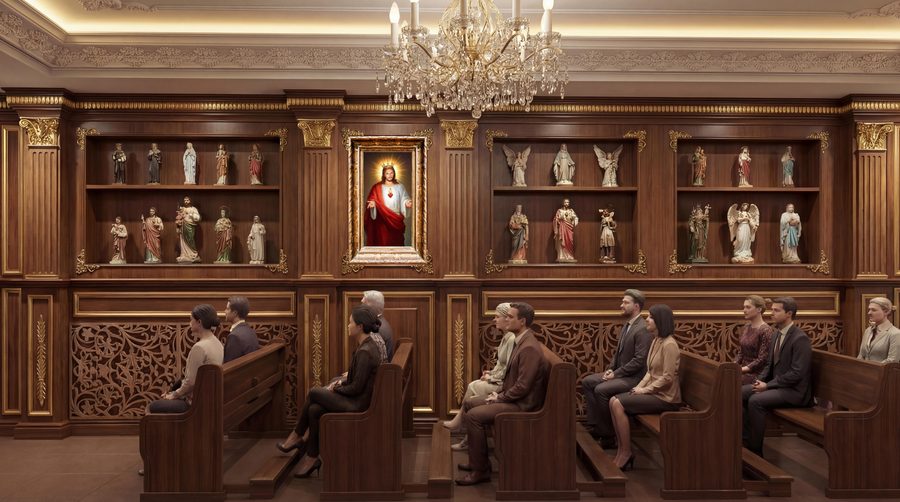 Icon wall with pews