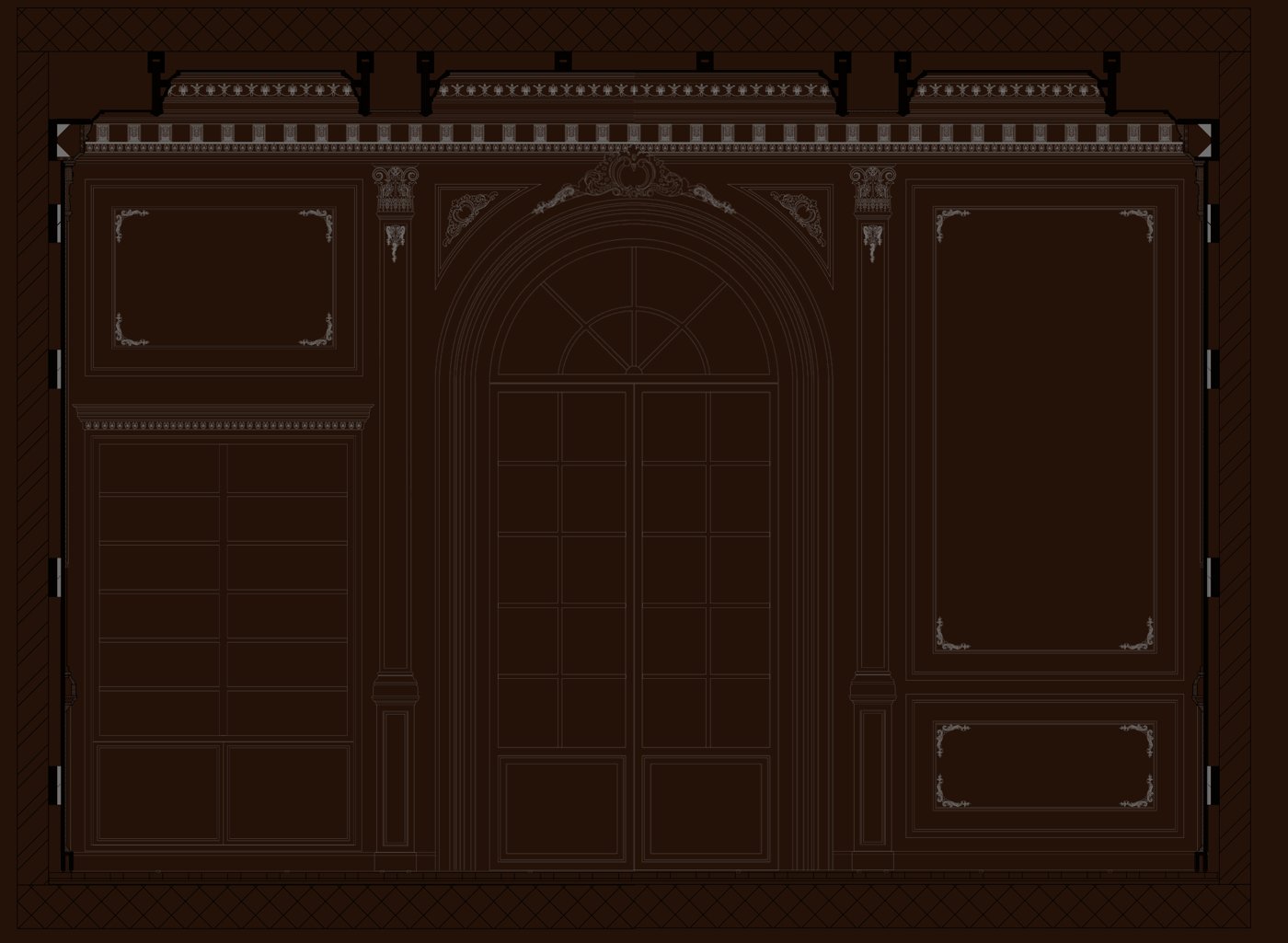 Window wall elevation with arched French doors and pilasters