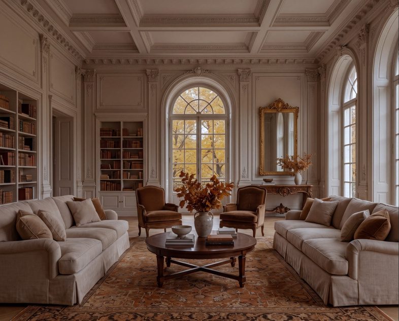Family room overview with arched windows