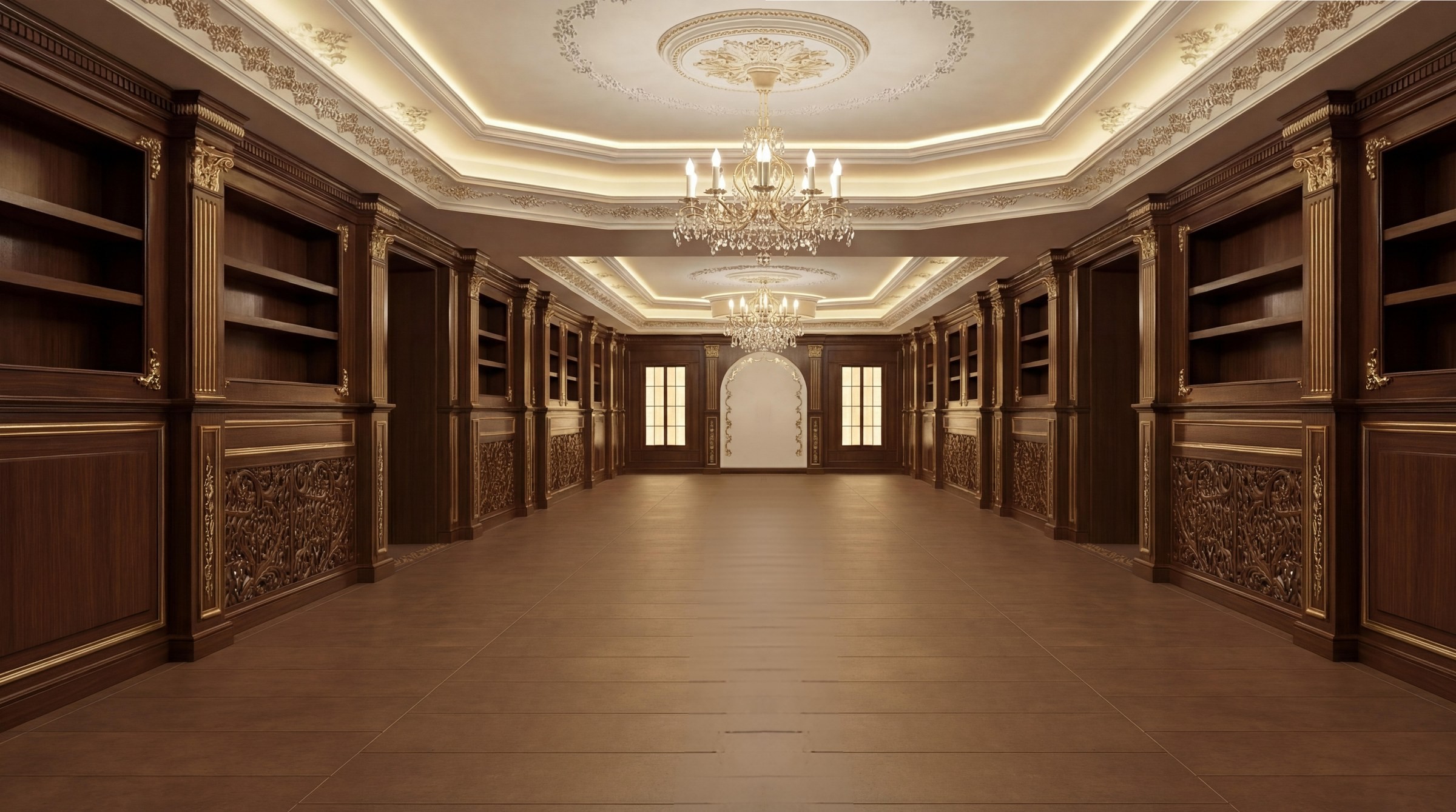 Classical interior with carved walnut panelling and crystal chandeliers