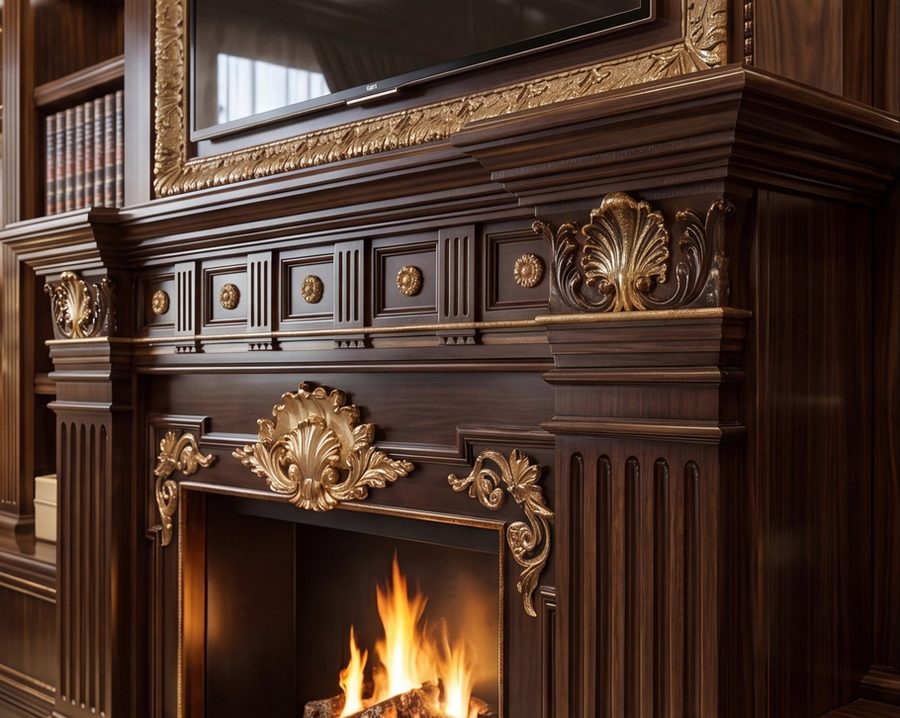 Carved fireplace with gilded ornament
