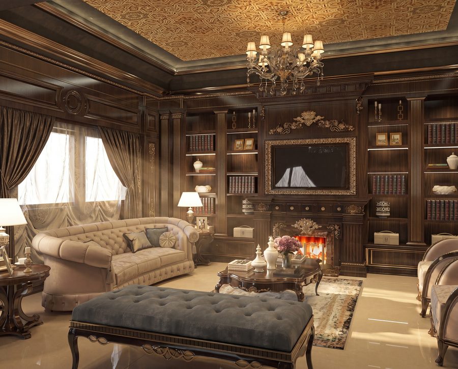Living room seating facing library wall